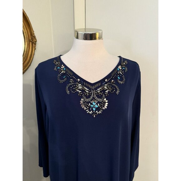 Susan Graver Artisan Top Size XL  Blue Beaded V Neck 3/4 Sleeve Tunic Blouse - Picture 12 of 15